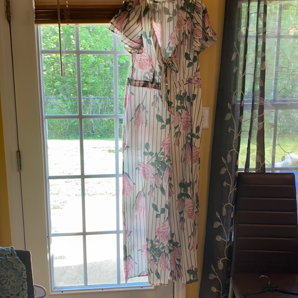 Jumpsuit With Roses all over Green white and pink